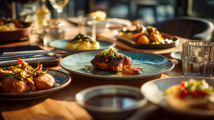 Obraz premium Close up of a table setting with various dishes and glasses of beverages