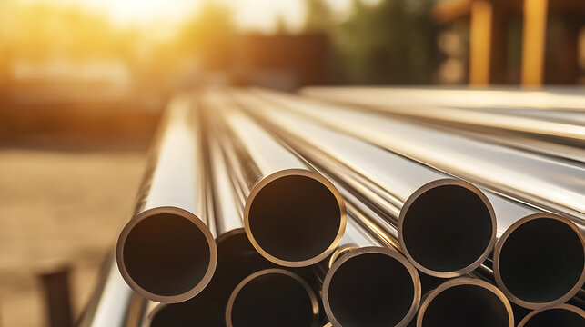 A collection of metallic pipes stacked, creating a visually engaging pattern with bright highlights. They gleam, reflecting soft, golden light, suggesting strength, industry, and construction.
