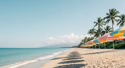 Naklejka premium Colorful Beach Umbrellas on a Tropical Shoreline