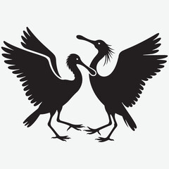 Obraz premium Two Black Ibis Birds Silhouetted with Wings Spread in a Dance