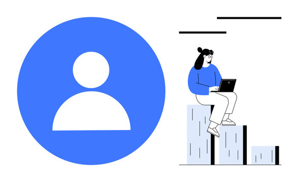 Blue profile avatar next to a woman working on a laptop while sitting on bar graph steps. Ideal for analytics, leadership, personal branding, technology, growth, professional goals, simple flat - Powered by Adobe