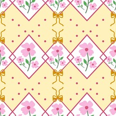 Vintage Floral Diamond Ribbon Seamless Pattern in Pastel Pink 