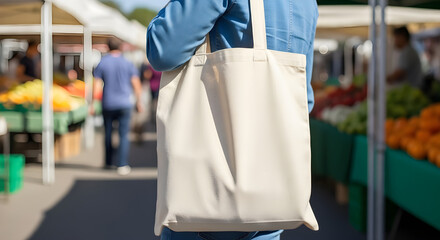 Person carrying a reusable canvas tote bag at an outdoor farmers market filled with fresh produce