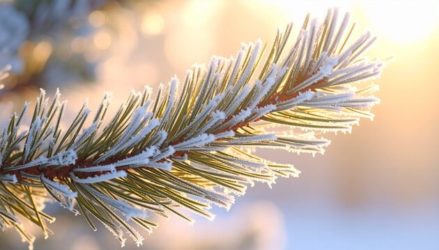 Close-up of frost-covered pine branch glowing in warm winter sunlight, capturing the quiet beauty of the season.