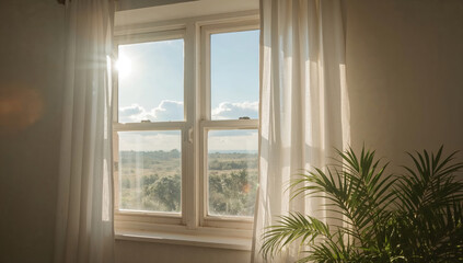 Sunlight streaming through window with airy curtains and indoor plant providing calm