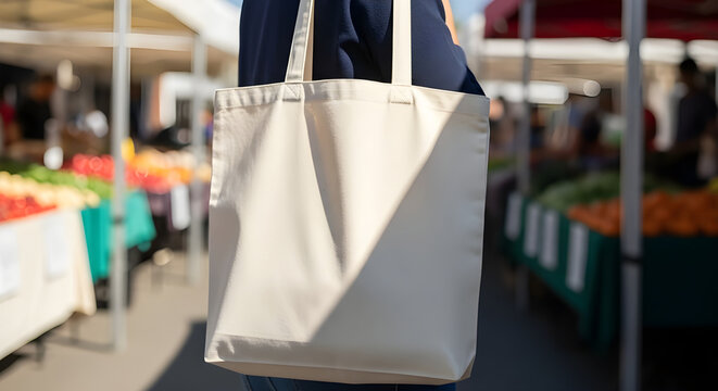 Person holding a reusable canvas tote bag at a vibrant outdoor farmers market filled with fresh produce