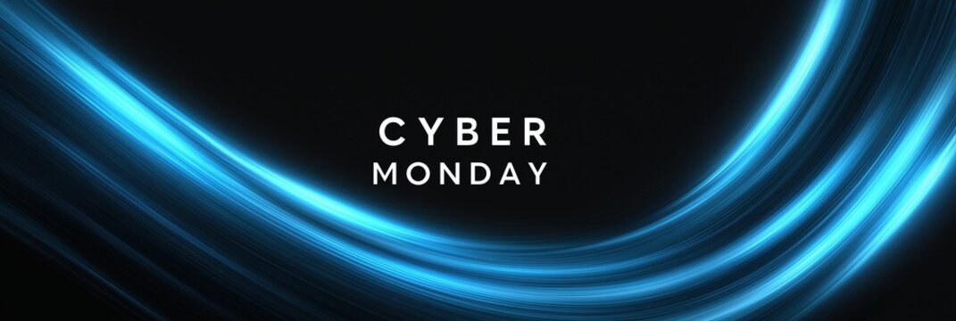 Cyber Monday commercial banner with dynamic blue light trails, black background, text emphasis
