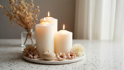 Cozy Minimalist Candle Arrangement with Dried Flowers and Warm Light