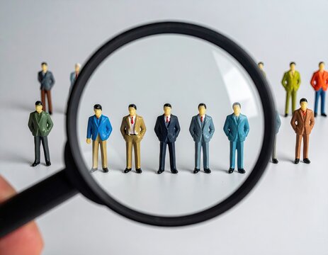 Magnifying glass over miniature business people for recruitment and selection process. - Powered by Adobe