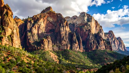 Colorful mountain range under a partly cloudy sky