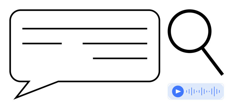 Speech bubble with text lines, magnifying glass, and audio play button. Ideal for communication, research, search, analysis, transcription, speech-to-text and accessibility in a simple flat metaphor