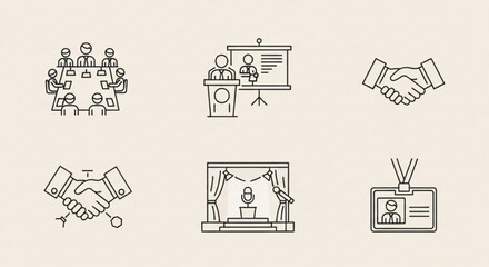 A set of business and conference icons, depicting meetings, presentations, handshakes, and professional identification in a clean and minimalist style