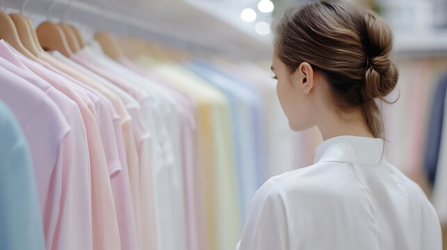 Elegant pastel garments on hangers catch the eye of a woman with her hair in a bun, adding a refined touch to retail spaces with their soft colors and classic lines. - Powered by Adobe