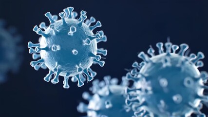 Close-up digital render of viral particles featuring a spherical shape with external crown-like protrusions - Powered by Adobe