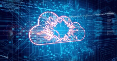 Floating glowing cloud icon pulsing in circuit interface with microchip motif and waveform graph