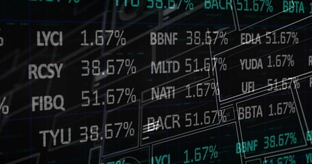 Displaying financial dashboard on screen, with stock tickers, percentages and wireframe rectangles