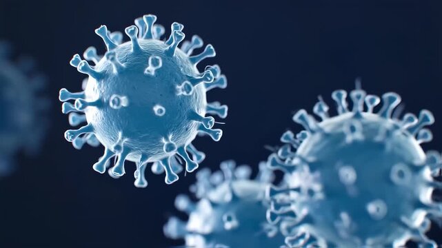 Close-up digital render of viral particles featuring a spherical shape with external crown-like protrusions