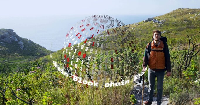 Hiking man in orange vest navigating coastal trail with backpack and hologram sphere, copy space