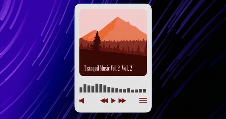 Displaying audio player card floating on abstract interface, with title label and equalizer bars