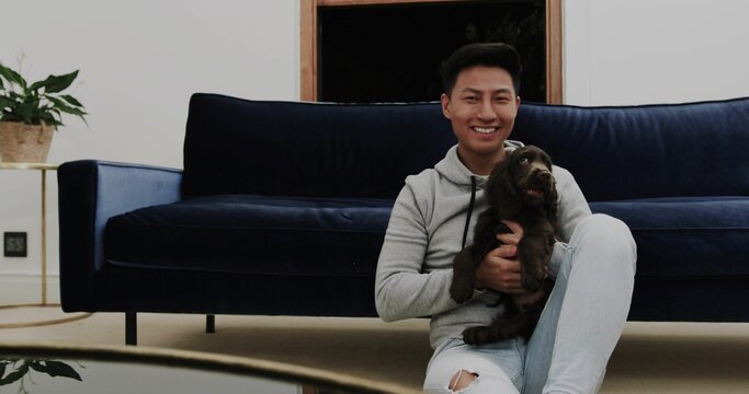 Holding small brown puppy while sitting on rug in living room, velvet sofa, copy space - Powered by Adobe