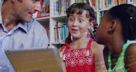 Pointing teacher in blue shirt guiding students in library near books, tablet and chart overlay