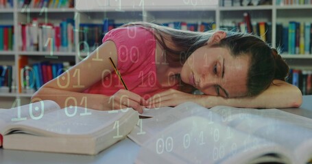 Studying teenage student writing in notebook at library table, with textbooks pencil binary overlay