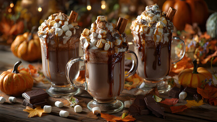 Three mugs of gourmet hot chocolate with whipped cream, marshmallows, and caramel in a cozy autumn setting with pumpkins and fall leaves