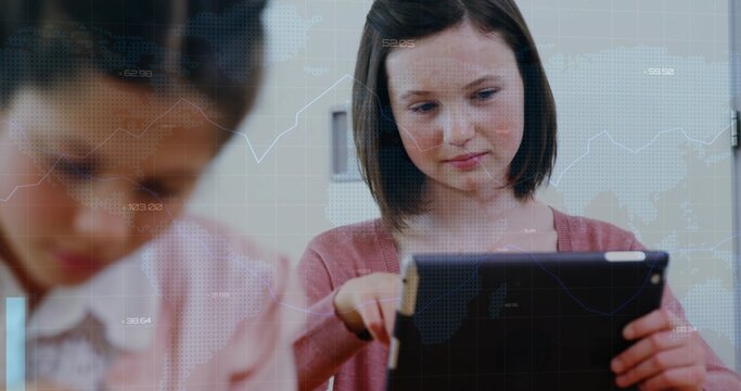 Studying teenage girl holding tablet, analyzing chart overlay on table in home study, map overlay - Powered by Adobe