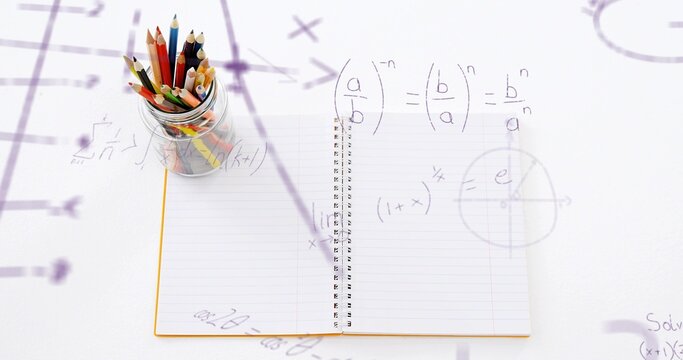 Showing open spiral notebook on white desk, with glass jar holding colored pencils, math overlays - Powered by Adobe