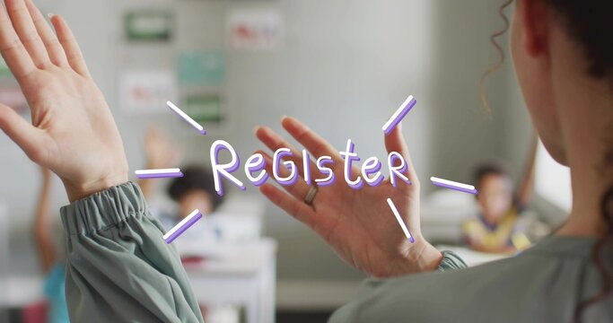 Raising mid-adult Hispanic teacher signaling roll call in elementary classroom, with student desks