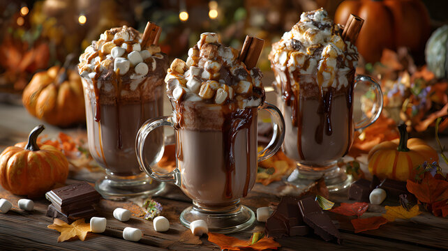 Three mugs of gourmet hot chocolate with whipped cream, marshmallows, and caramel in a cozy autumn setting with pumpkins and fall leaves
