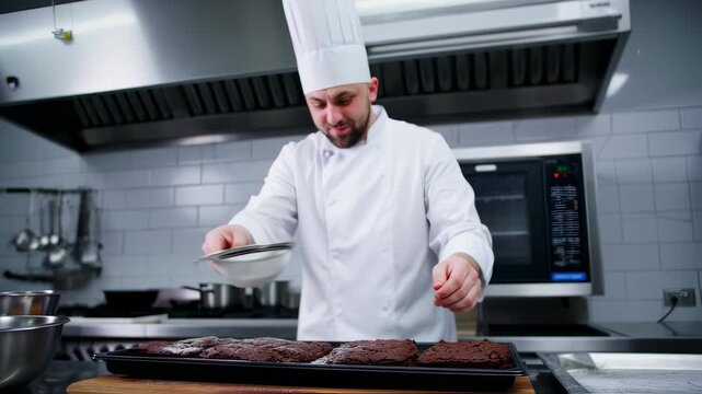 Chef sieves powdered sugar onto freshly baked brownies in a commercial kitchen setting