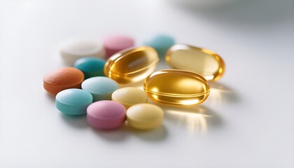 Colorful Vitamin Supplements and Omega-3 Capsules on White Background.