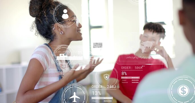 Female teenager wearing denim overalls speaking and gesturing at school, with digital data overlays - Powered by Adobe