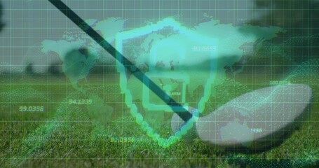 Showing golf club head hitting ball on trimmed grass, with shield, map, grid and numeric overlays