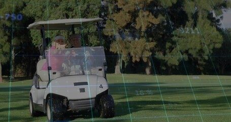 Sitting couple wearing golf shirts in white golf cart across fairway, with green grid overlay