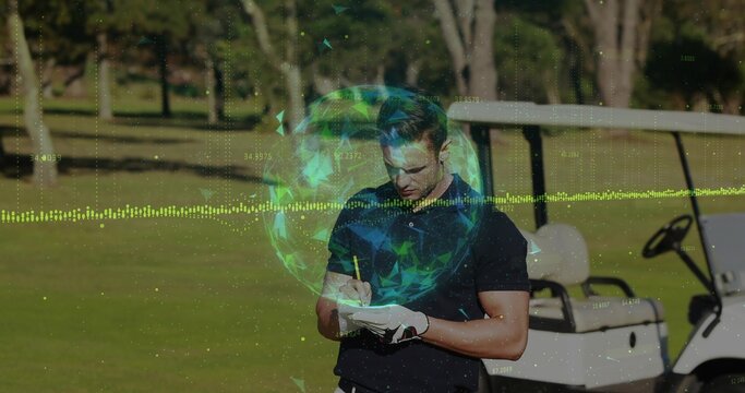 Light-skinned golfer writing scorecard on sunlit fairway by golf cart, overlaid with data overlay