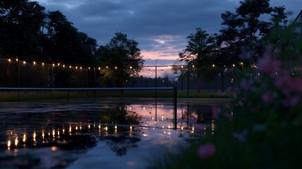 Evening reflections on a tennis court after rain in a serene park setting