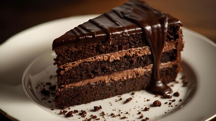 A realistic image of a decadent chocolate cake with rich layers, glossy ganache drizzled on top, and a few raspberries as garnish.