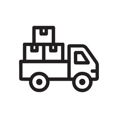 Fototapeta premium A minimalist black logistics truck icon on a white background, showing a delivery truck carrying several stacked boxes.