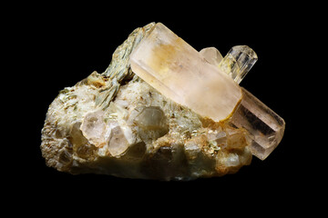 Elegant morganite beryl crystal exhibits delicate pink hue transparent brilliance and natural geometry perfectly displayed on pale rocky matrix.