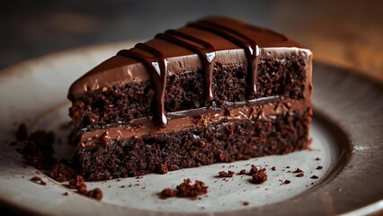 A realistic image of a decadent chocolate cake with rich layers, glossy ganache drizzled on top, and a few raspberries as garnish.