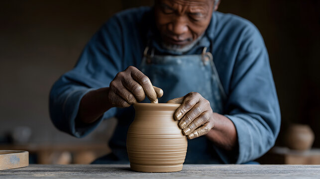 Artisan shaping clay jar with focused expression, he is unseen, as his passion comes alive through his skill - Powered by Adobe