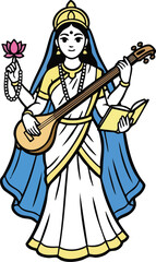 Obraz premium Indian goddess Saraswathi sitting on lotus and playing musical instrument veena