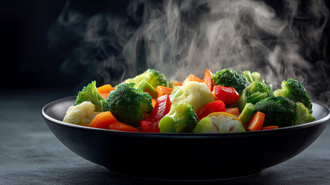Steaming bowl of mixed vegetables including broccoli carrots and cauliflower