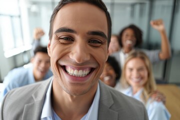 Fototapeta premium Happy man smiling confidently in a group of cheerful colleagues celebrating success