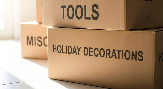 Stacked Cardboard Boxes Labeled for Storage