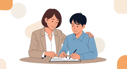 Woman Guides Young Man With Pen, Emphasizing Collaboration and Direction in Work Context