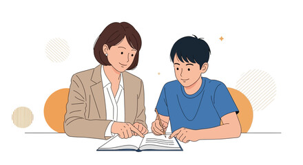 Woman Guides Young Student in Studying with a Textbook During a Lesson Illustration