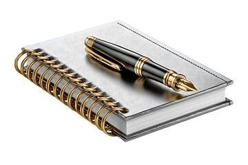 Elegant fountain pen resting atop a silver notebook evokes sophistication and professional organization, perfect for creative writing and executive planning